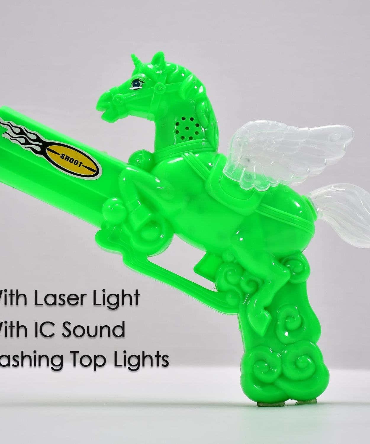 Laser light effect toy gun, in action, colorful lights