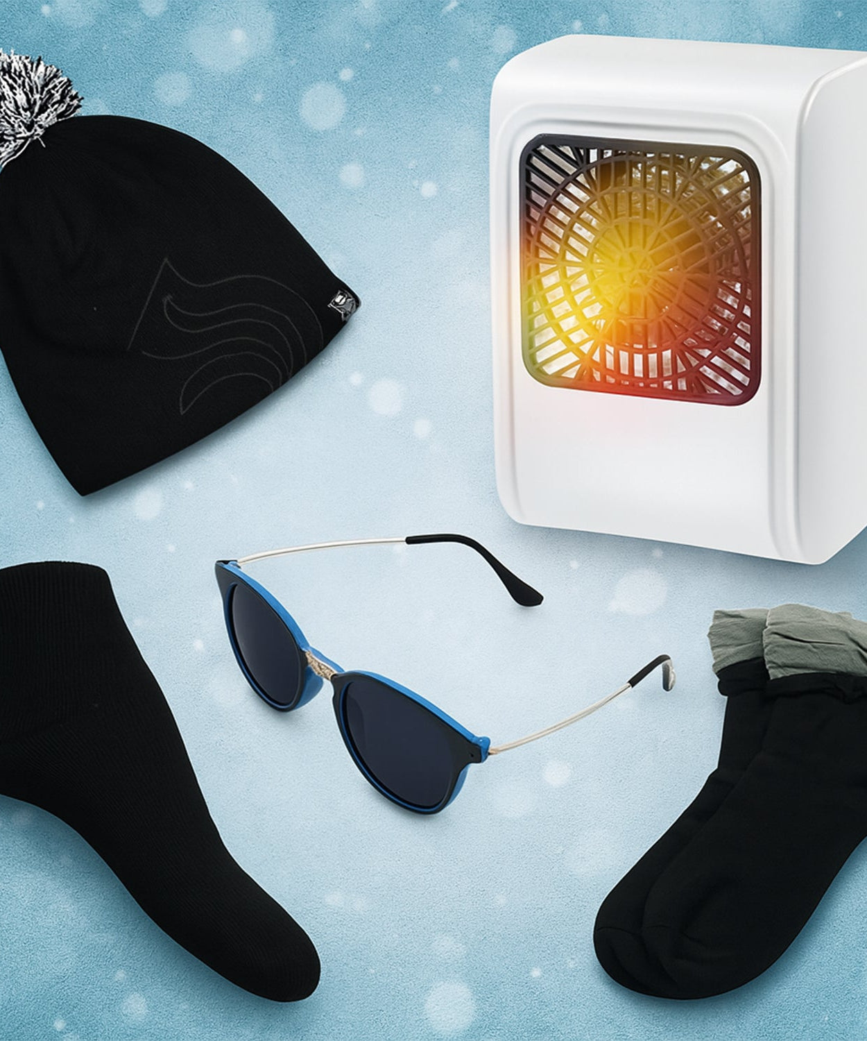 Winter Warm Set- Bennie hat, Room Heater, Sunglasses And Socks (5 Pcs Combo)