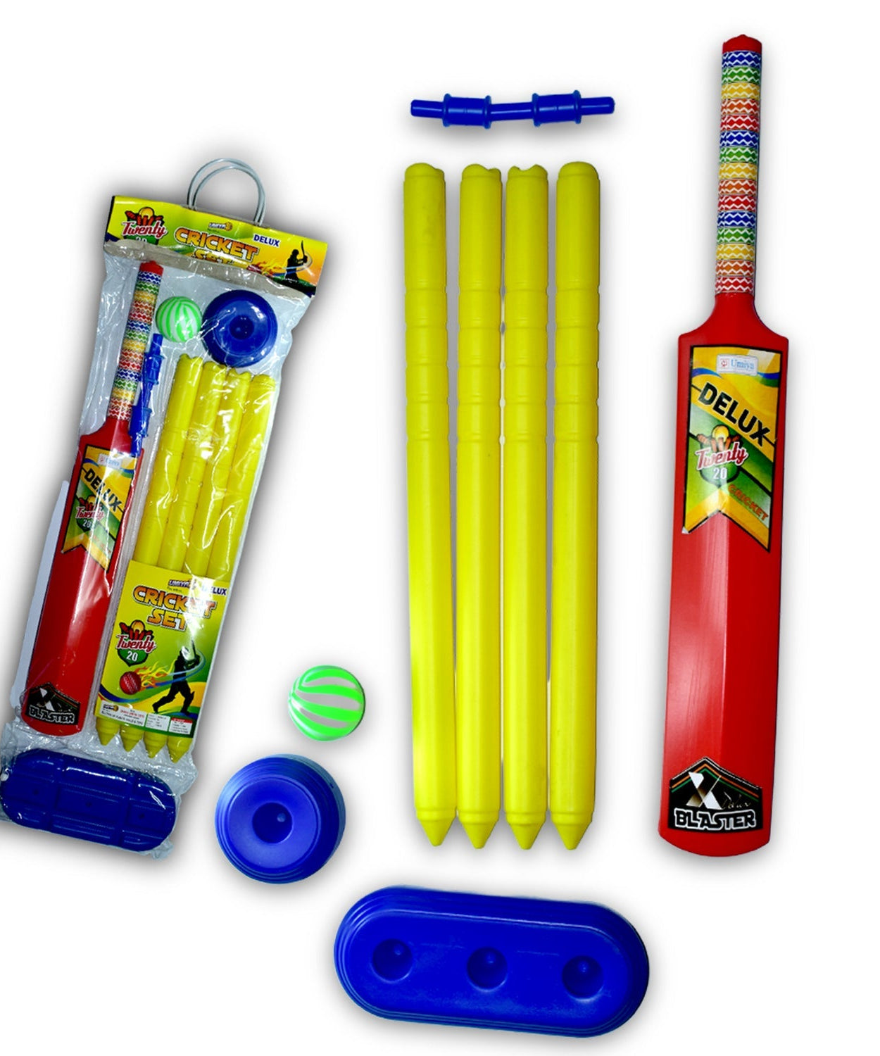 Plastic cricket set with bat, ball, and stumps