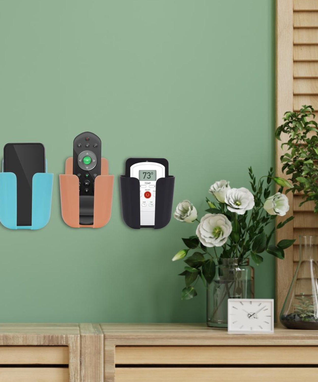 Colorful remote storage organizer case, wall-mounted for convenience.