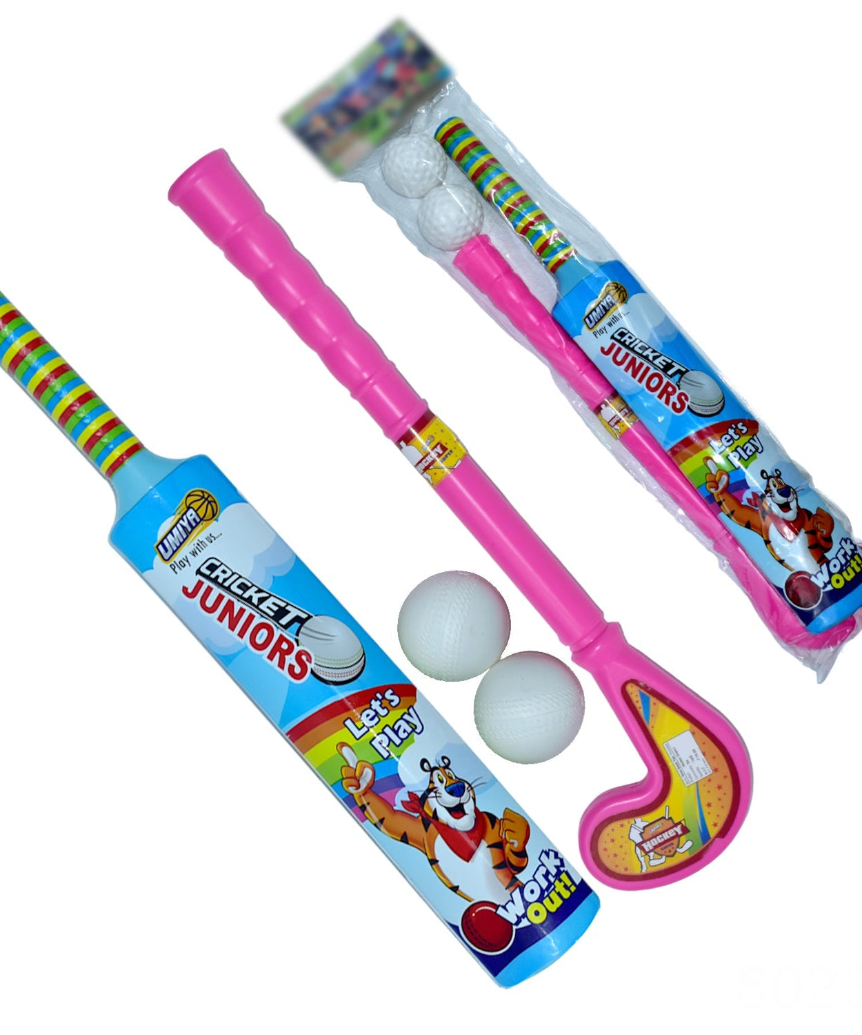 Close-up of plastic bat, ball, and hockey set in vibrant colors