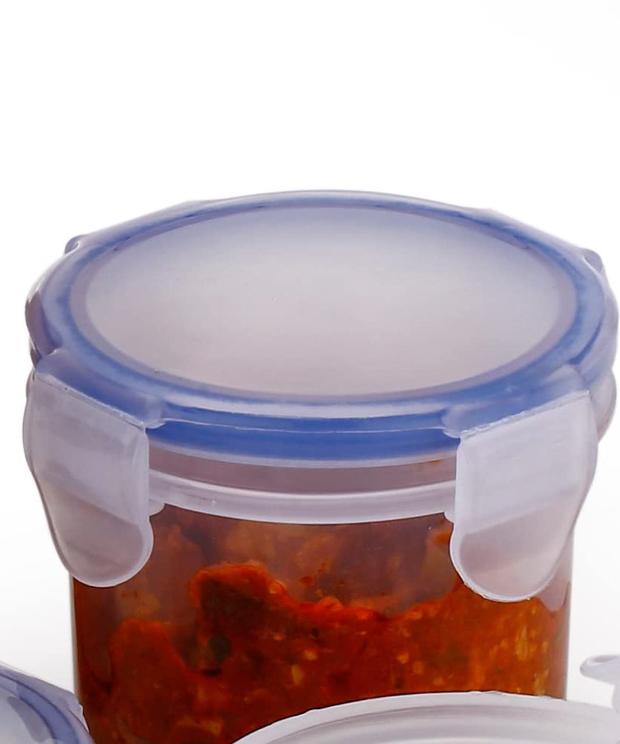 Plastic food storage container with locking lid, designed to be leak-proof and airtight.
