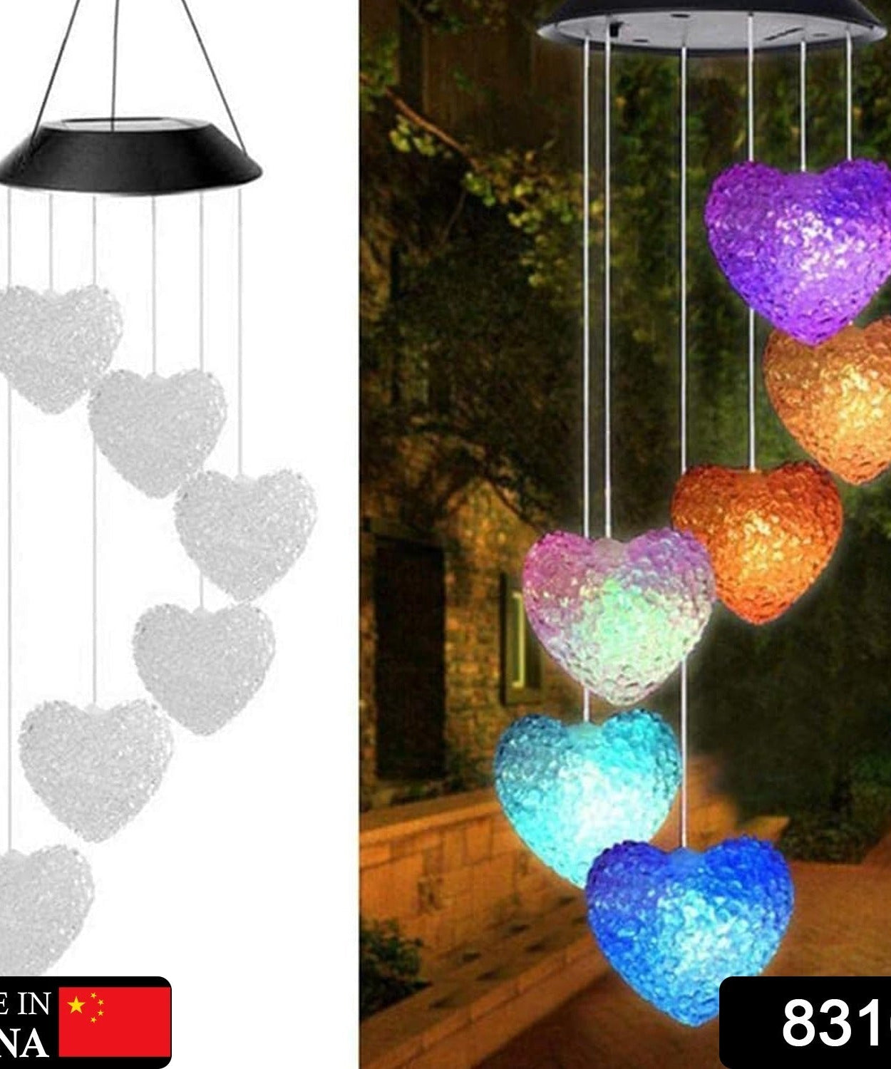 Outdoor wind chimes with solar LED lights, ideal for adding charm to your garden.