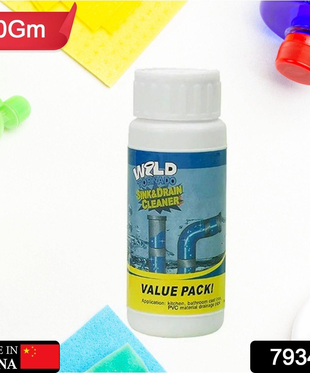 Chemical powder for removing clogs from pipes and drains.