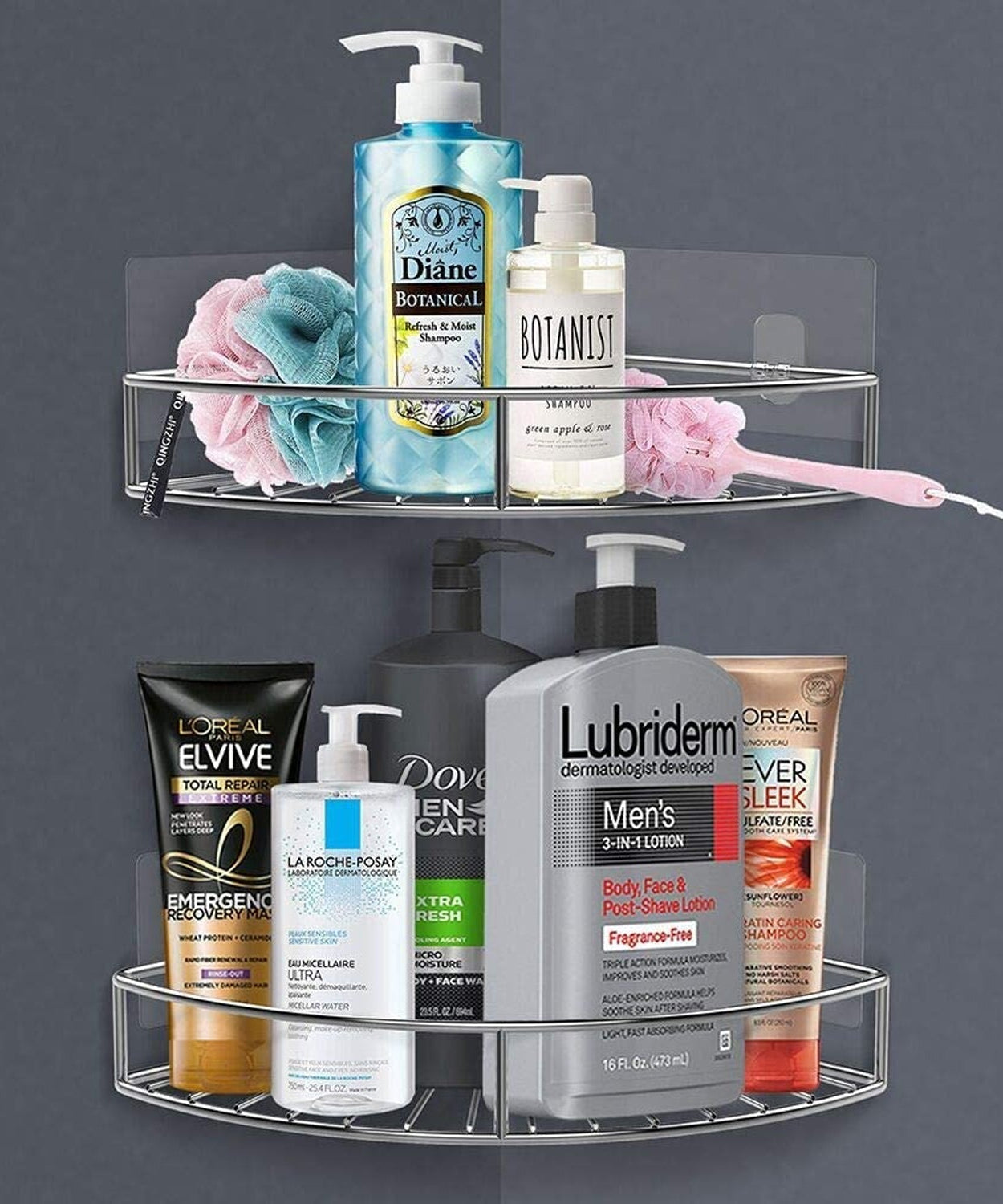 Corner shower caddy for storing and organizing household items and toiletries.