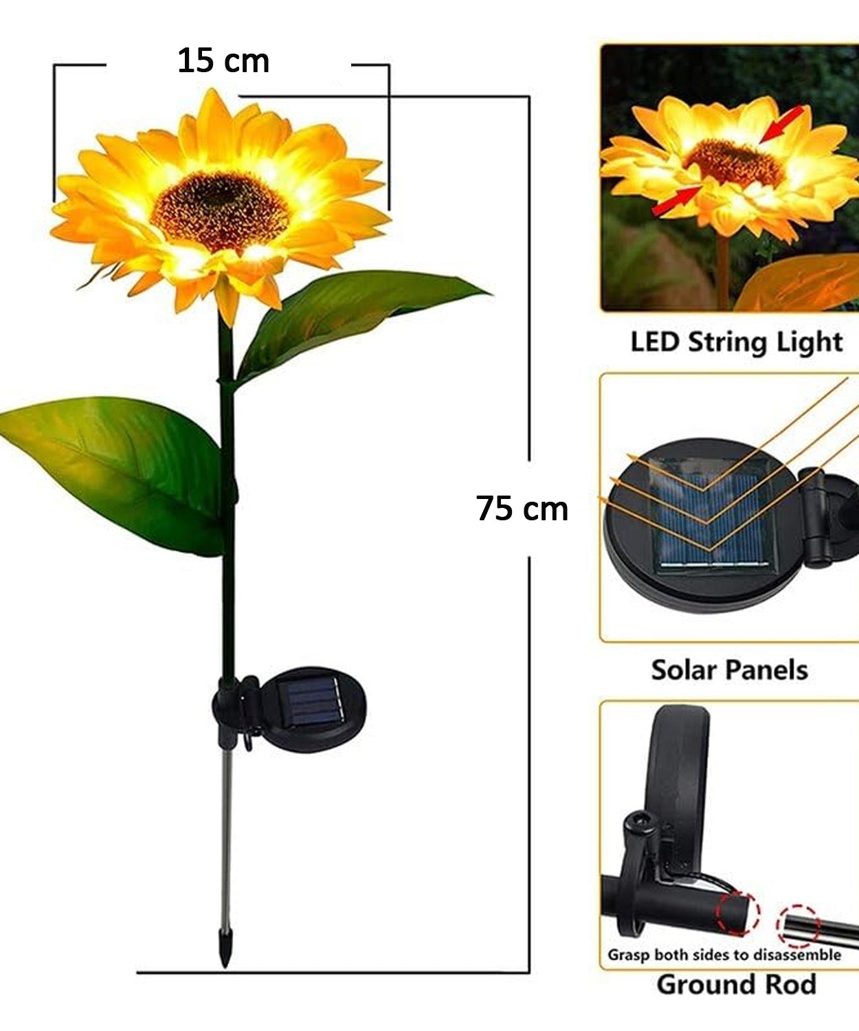 2 Pc Outdoor Solar Sunflower Lights Intelligent Light Control Waterproof Garden Landscape Stake Light
