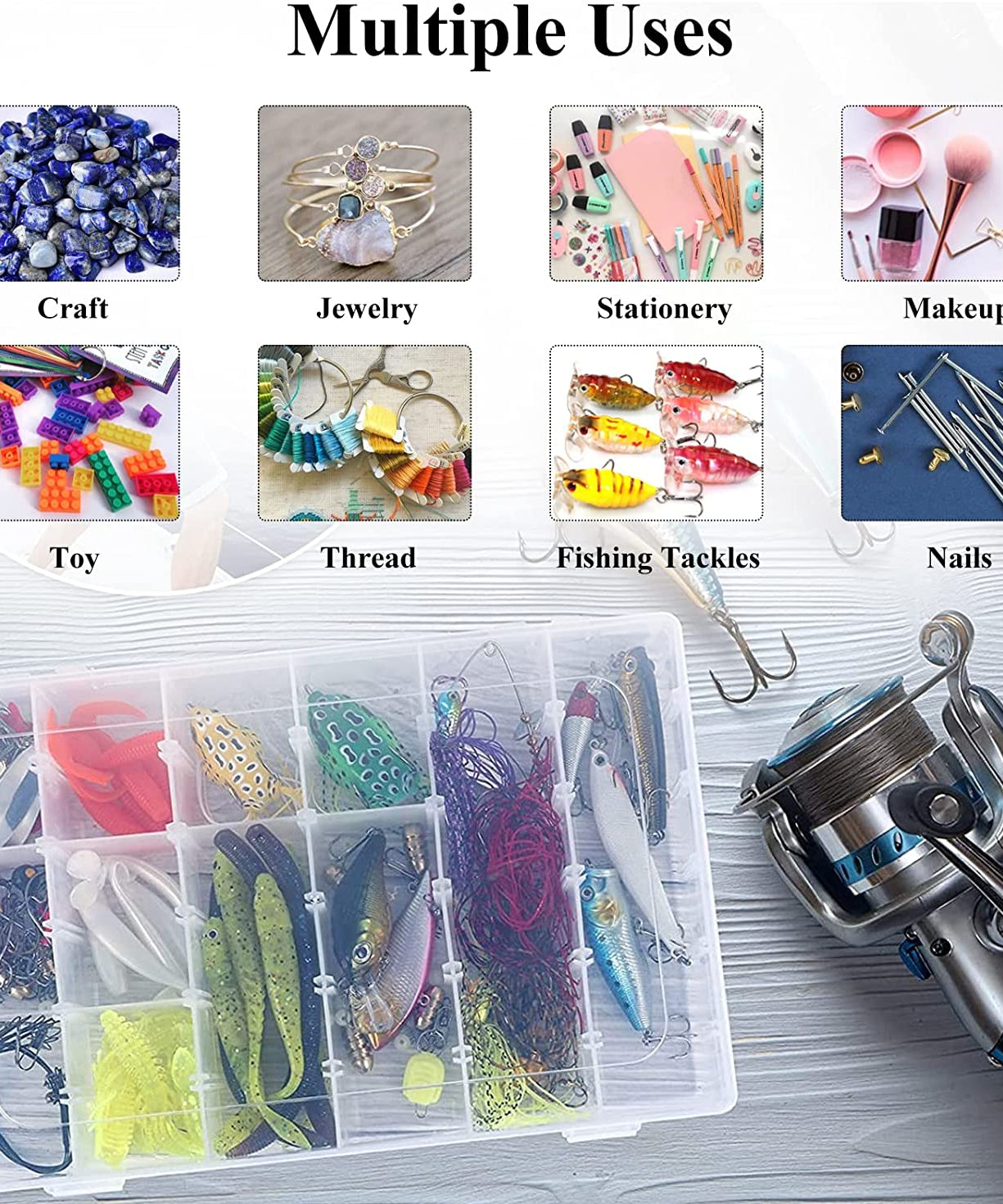 Jewelry organizer box, clear with adjustable dividers