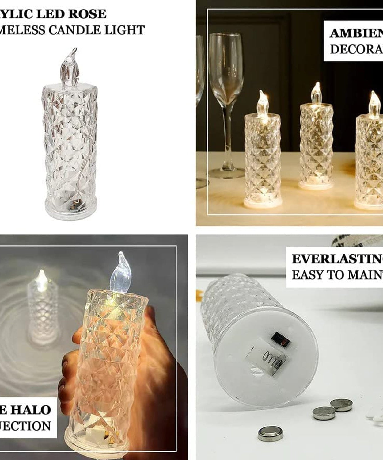 Smokeless LED rose candle with an acrylic design, perfect for special occasions and festive settings.