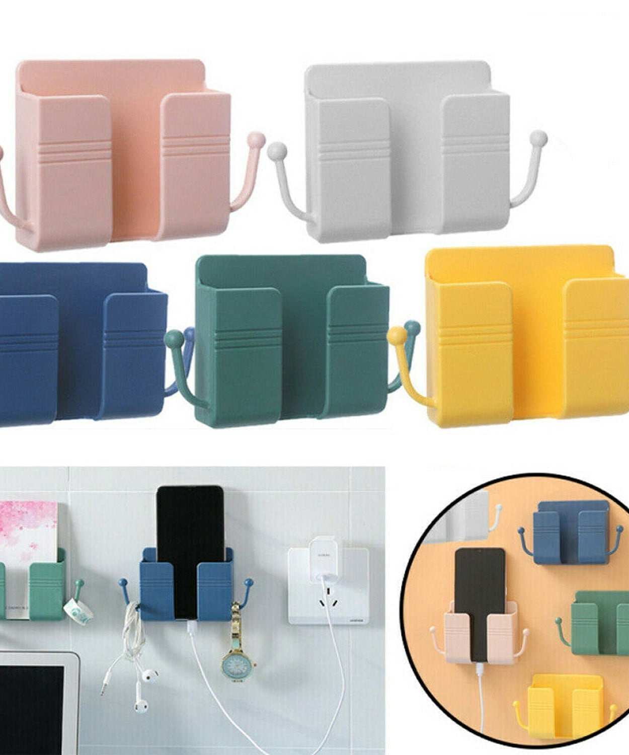 Wall-mounted stand with hook, suitable for mobile phones and more