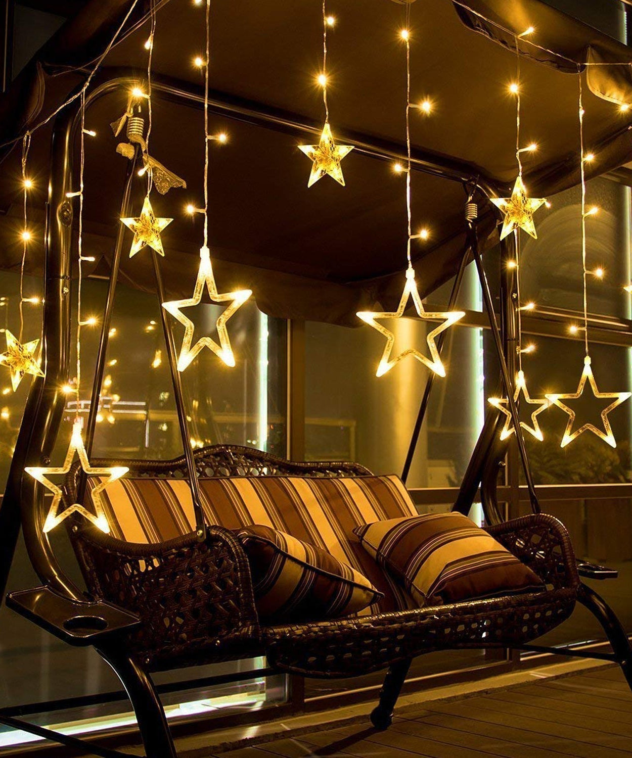 Detailed view of star-shaped lights for window decoration