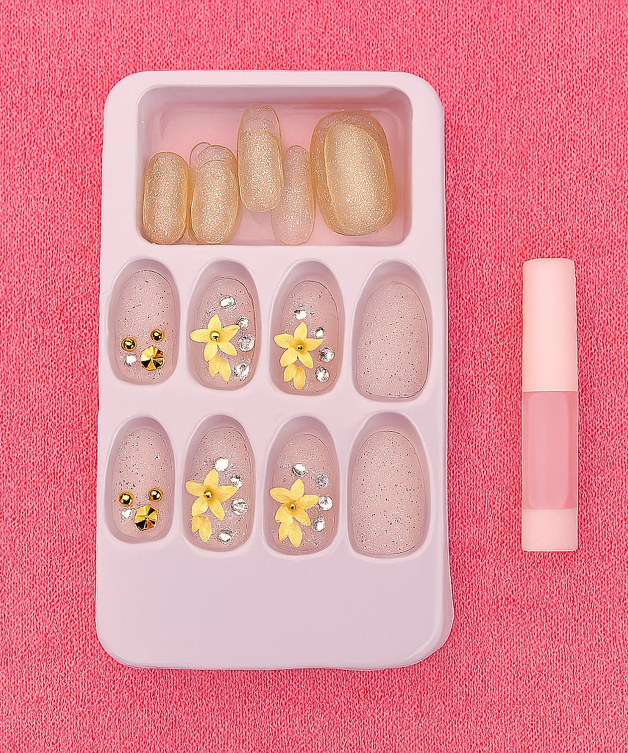Premium Glitter 3D Floral Press-On Artificial Nail Tips with Nail Glue (1 Set)