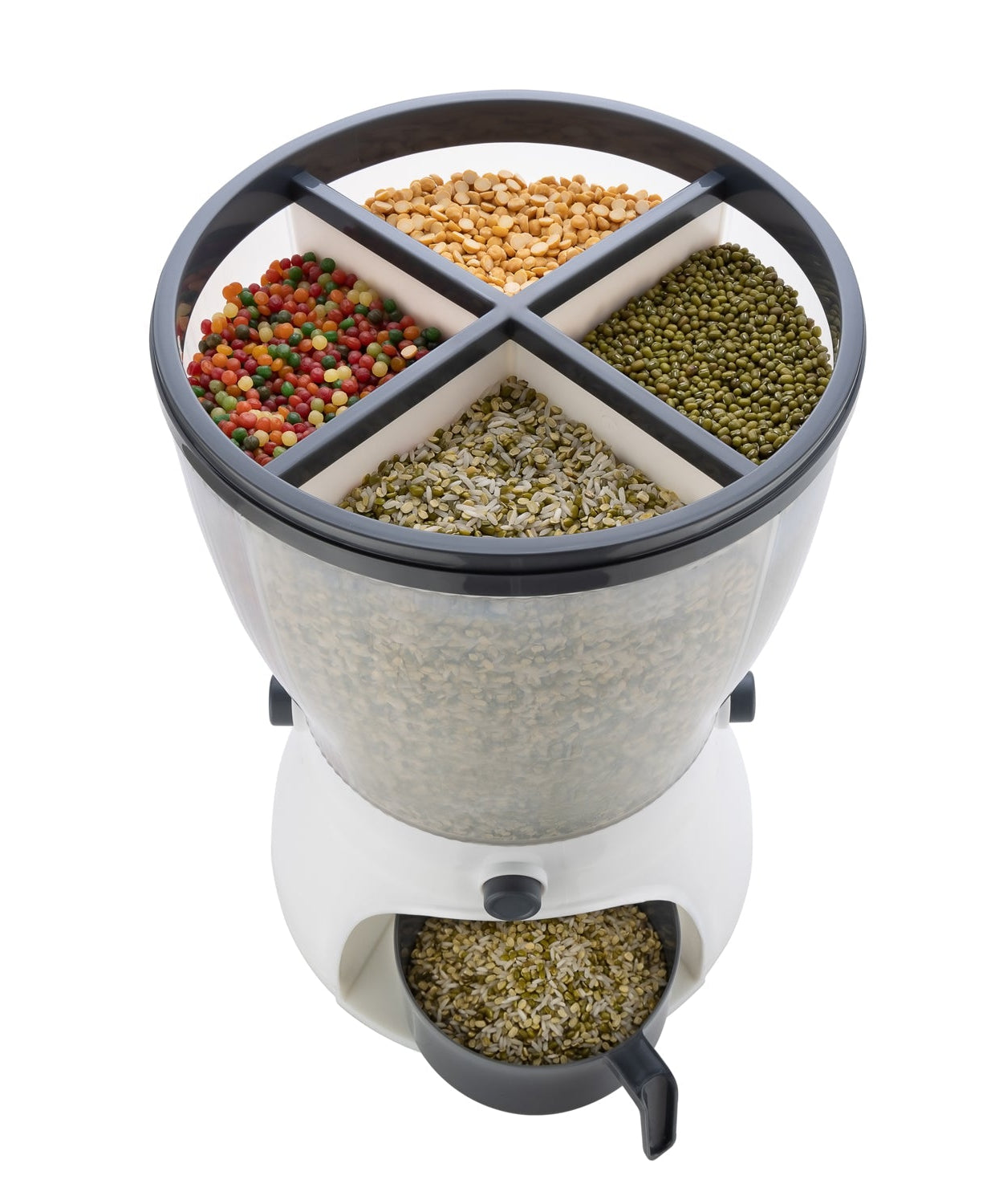 4-in-1 rice dispenser with multiple compartments.