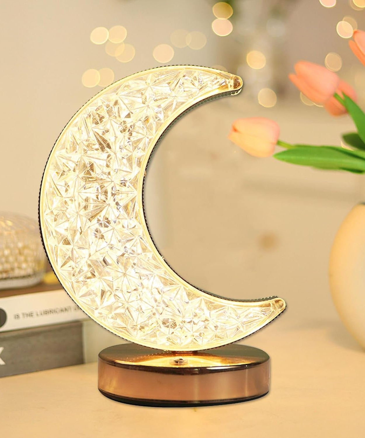 Crystal Table Lamp | Moon Shape Touch Control Lamp with 3 Color | Metal Bedside Lamp for Kids Bedroom Romantic Desktop Nightstand | Stepless Dimming USB Charging Touch Night Light