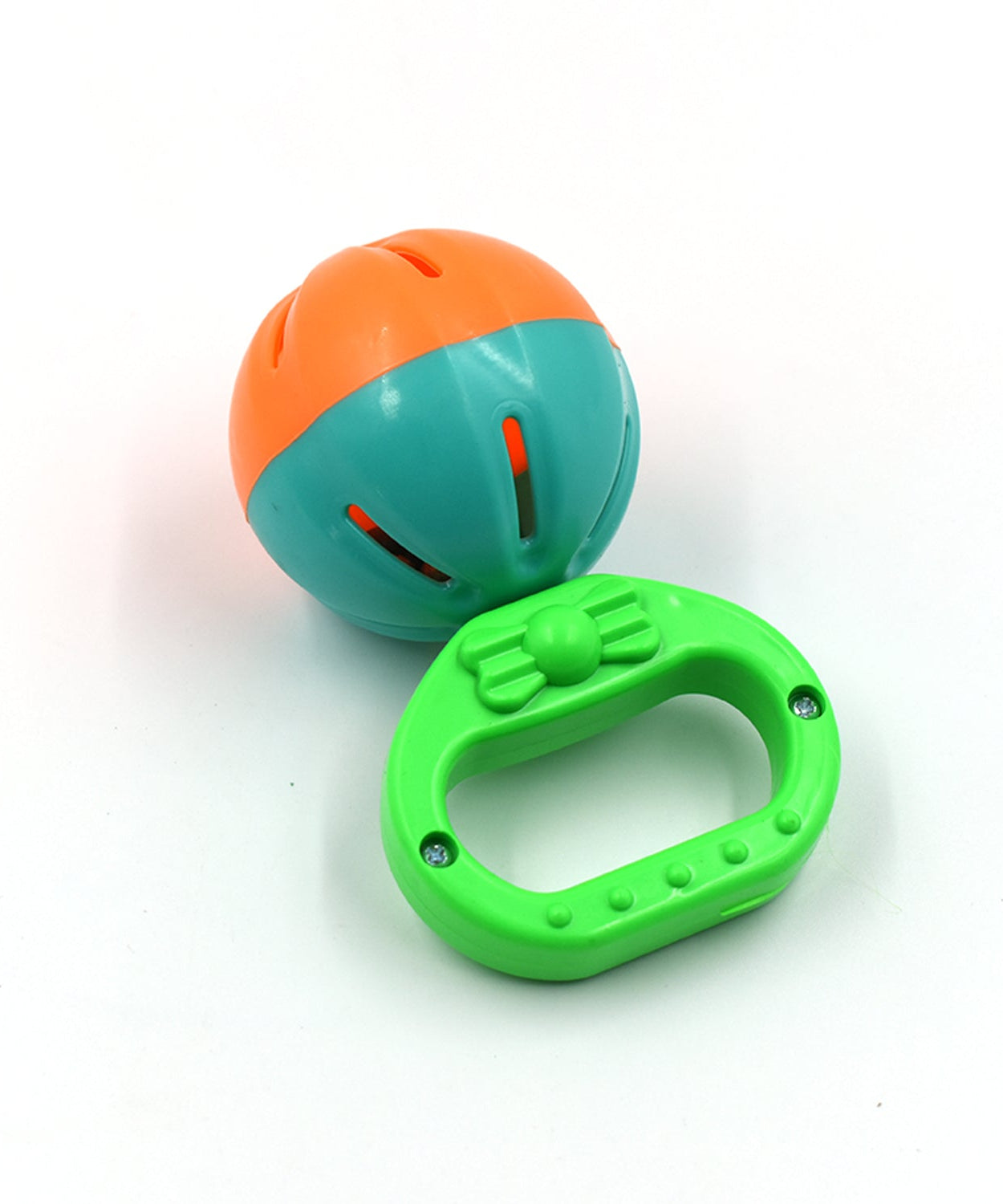 Assorted baby rattles designed for playtime with vibrant colors and interesting textures.