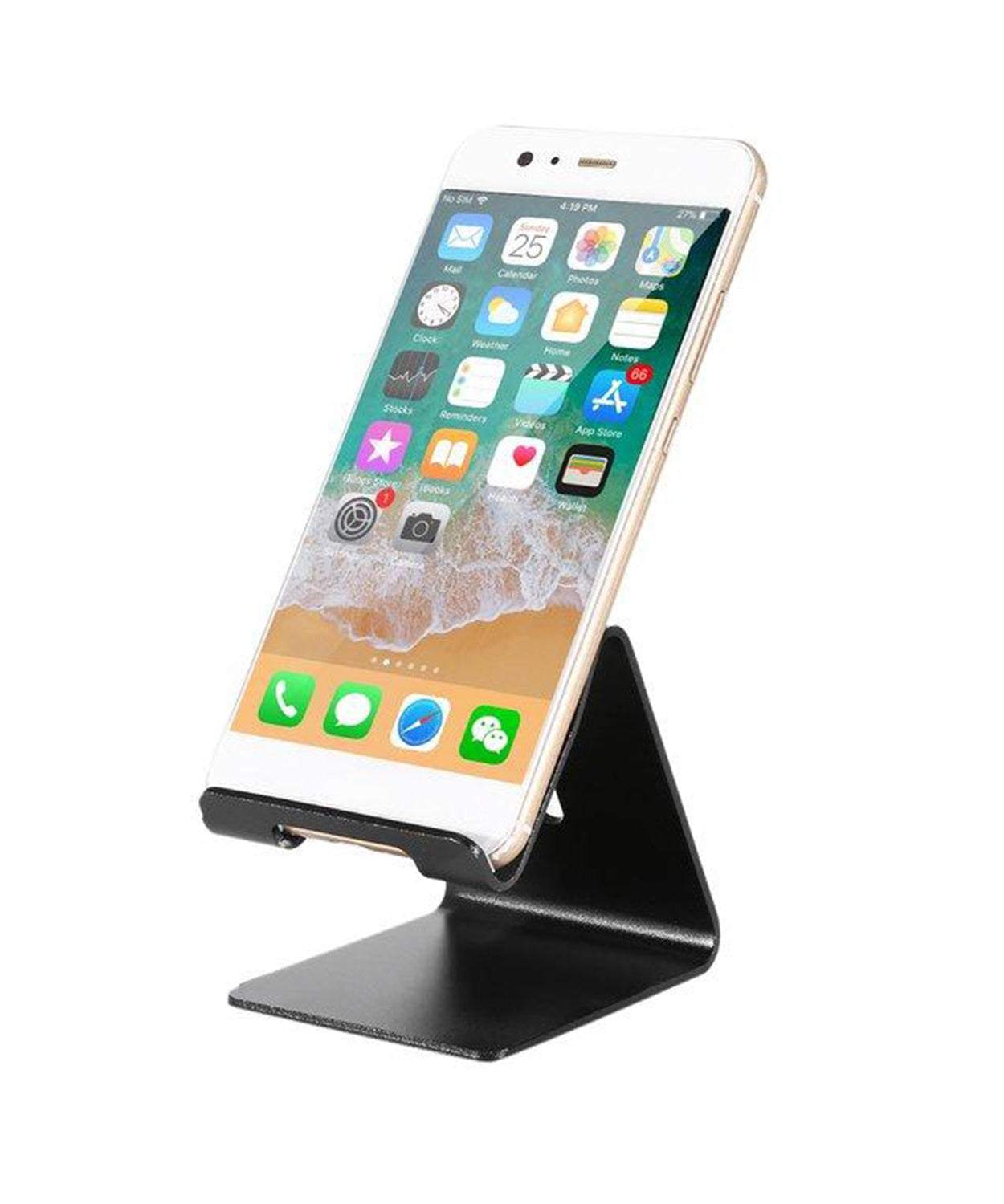 Phone stand with sturdy metal construction.