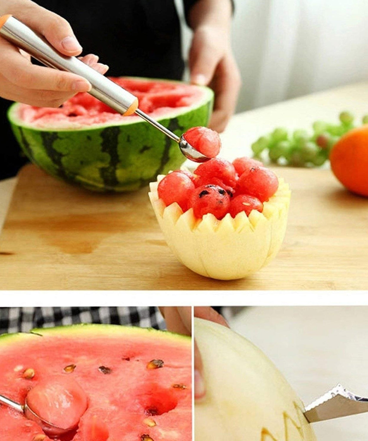 Fruit carving knife and melon baller set, angled view