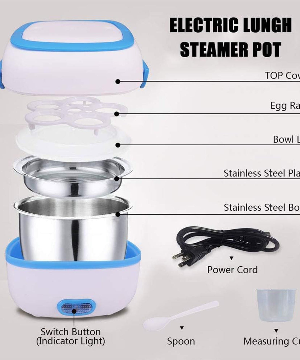 Electric Lunch Box Portable Food Warmer Food Heating Lunch Box Removable Food-Grade Stainless Steel Compartments, 220V 200W, for Car, Truck, office 