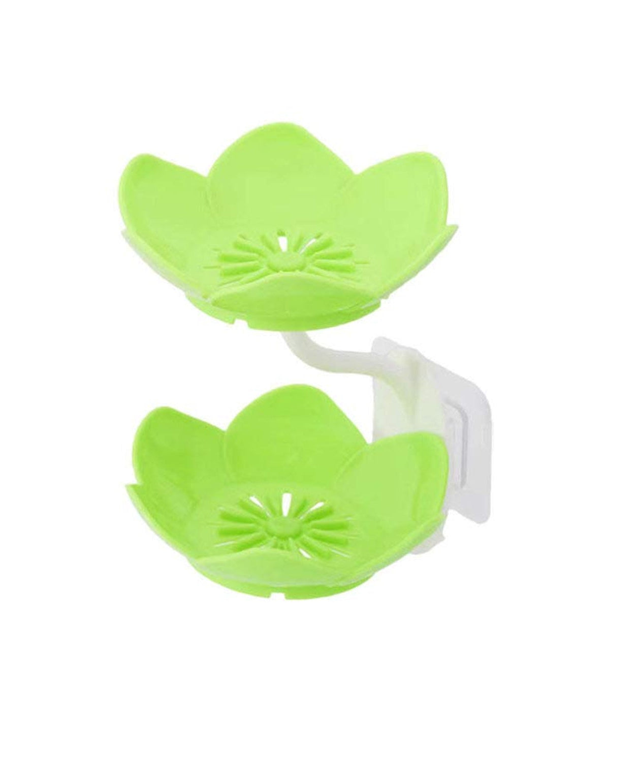 Flower-shaped soap dish, self-draining for use in bathroom, kitchen, or bathtub.