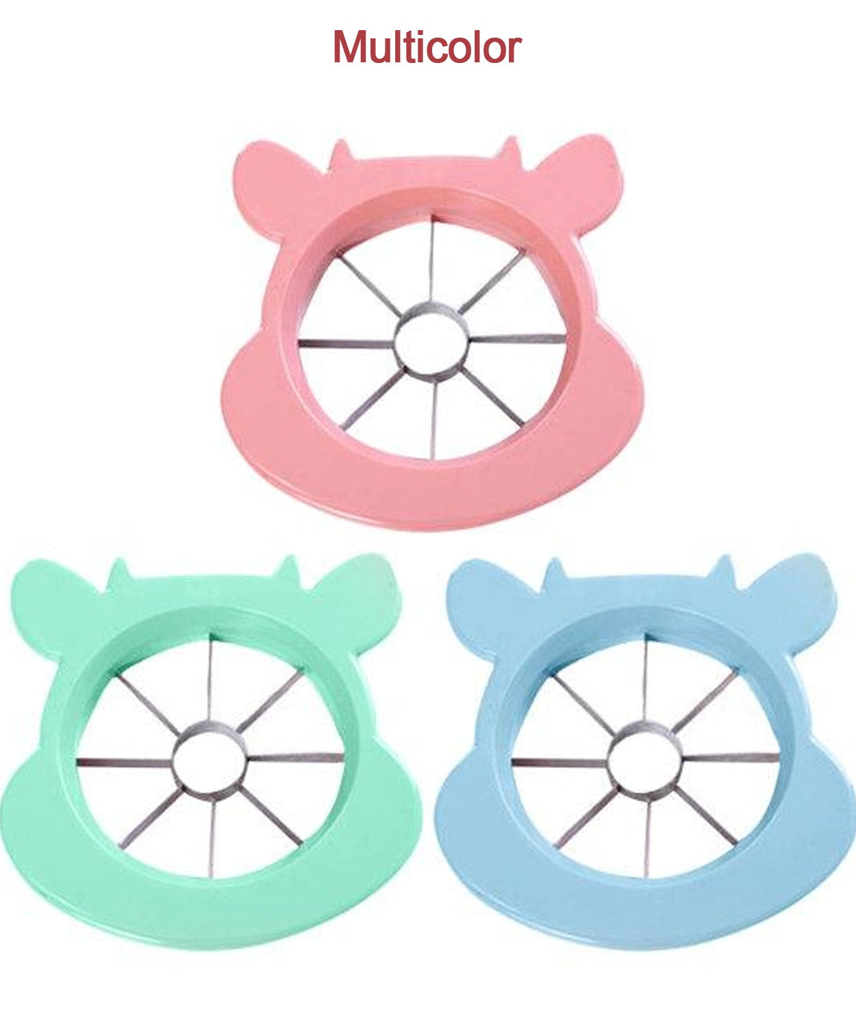 Kitchen gadget for slicing and peeling apples, with stainless steel and plastic parts.