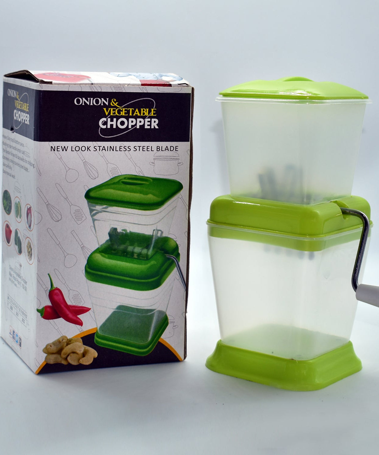 Small rotating blade chopper for quick onion and vegetable cutting.