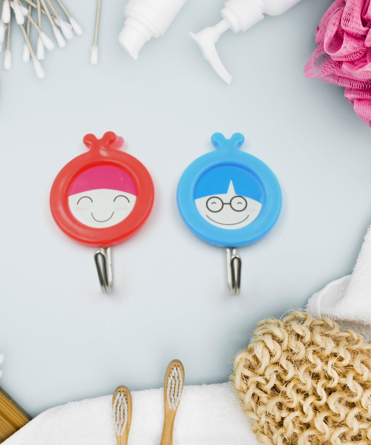 Heavy-duty self-adhesive hooks for bathroom or kitchen use.