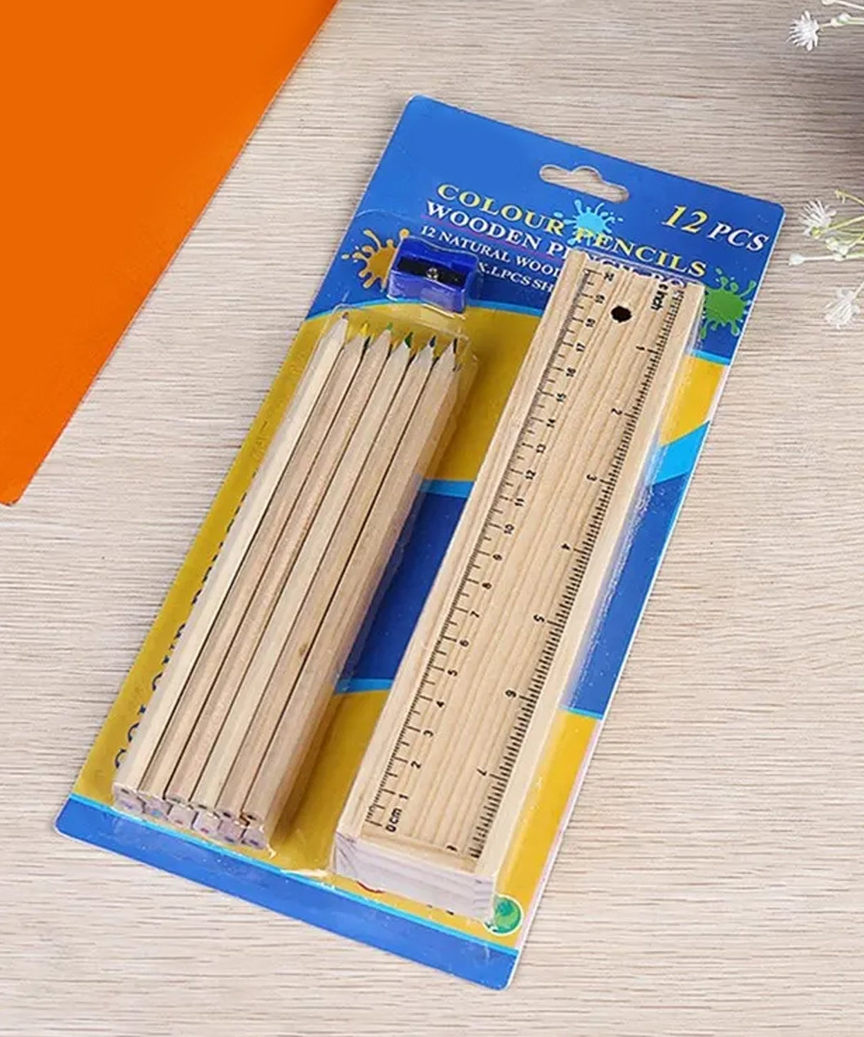 Colorful Wooden Pencil Set with Pencil box, Ruler, Sharpener For for Kids, Artist, Architect (12 Pcs Set)