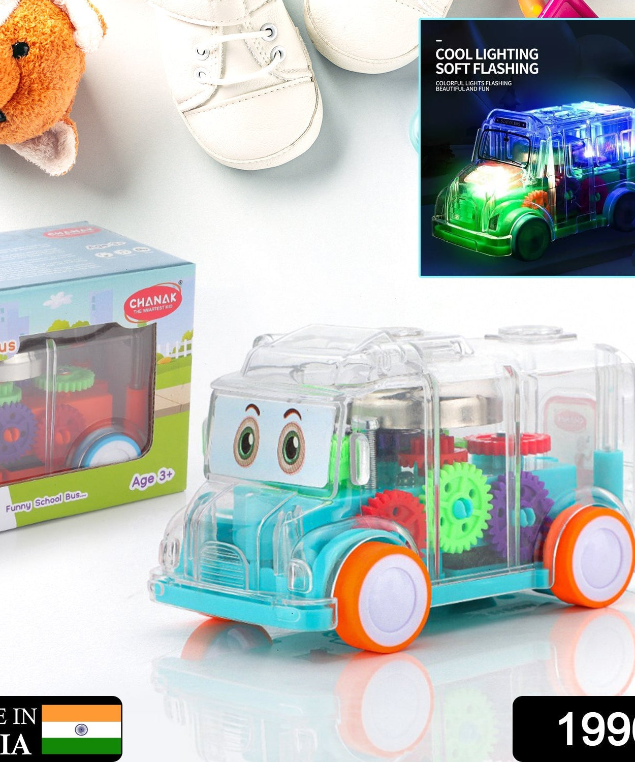 Musical school bus toy with transparent design.