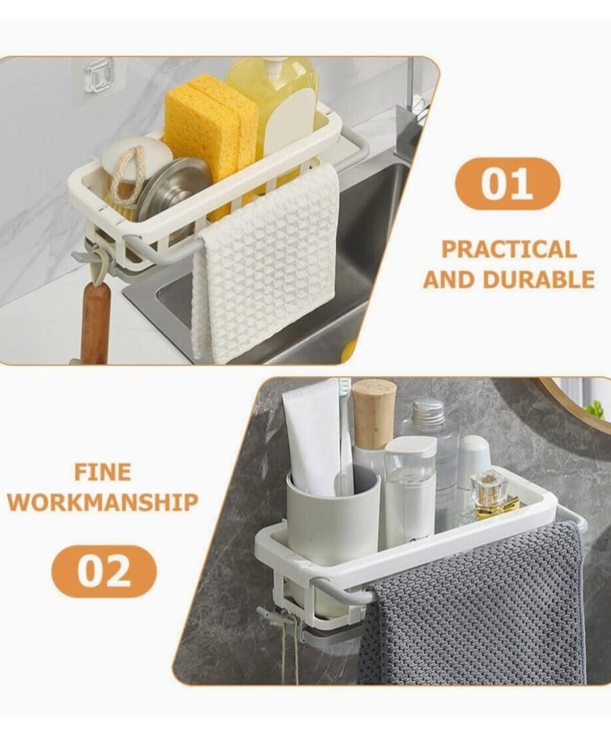 Multipurpose Platic Hanging Drain Rack Retractable Sponge Storage Hanging Rack With Adhesive Hook for Kitchen and Bathroom Dishcloth Holders Basket Drying Tray Organizer