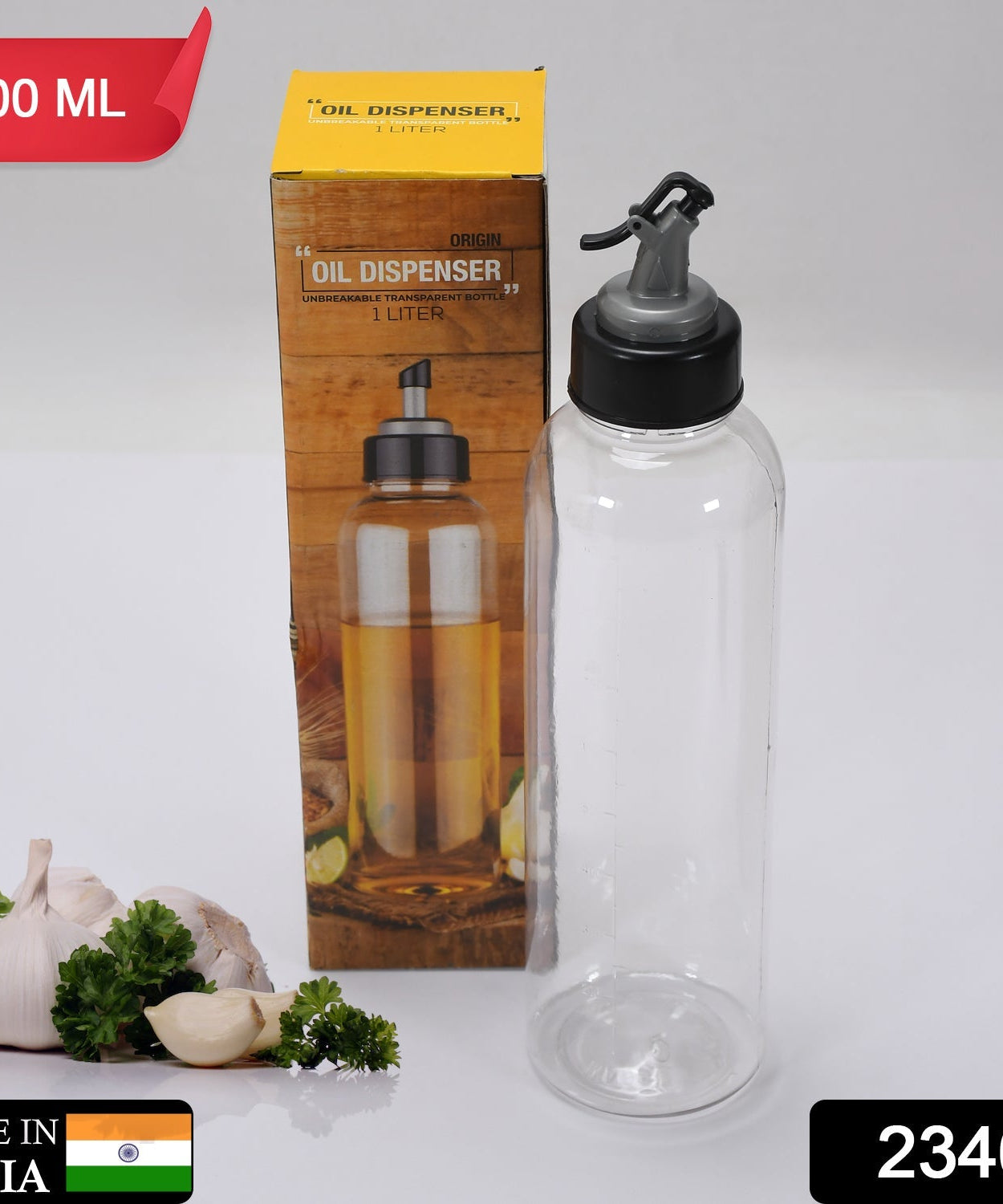 Clear plastic oil bottle, 1 liter, for easy dispensing.