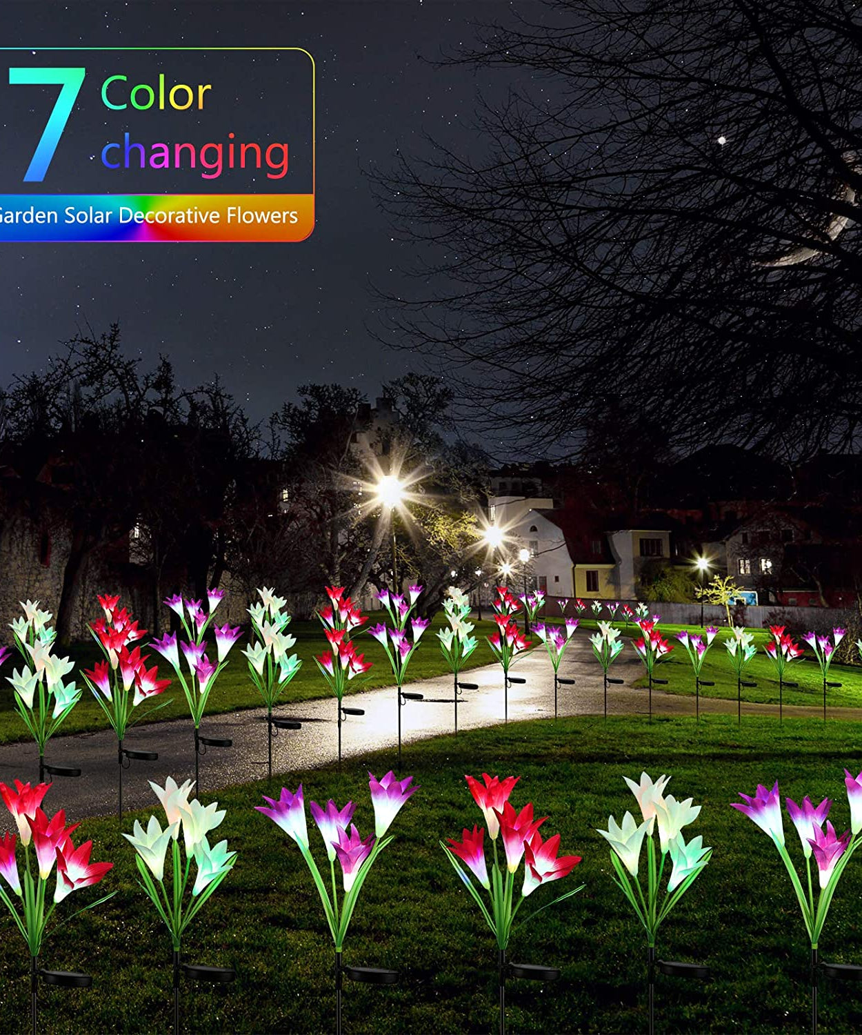 Lily flower solar lights, illuminated in garden during night