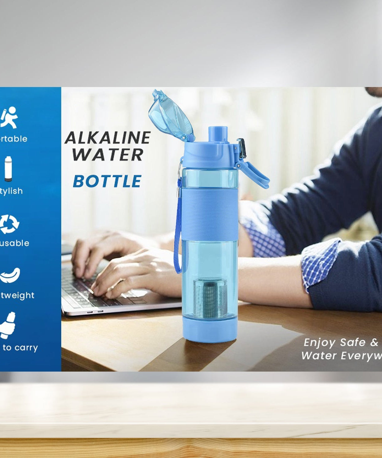 Alkaline Water Bottle, with Food Grade Plastic, Stylish and Portable (Particulates not included)