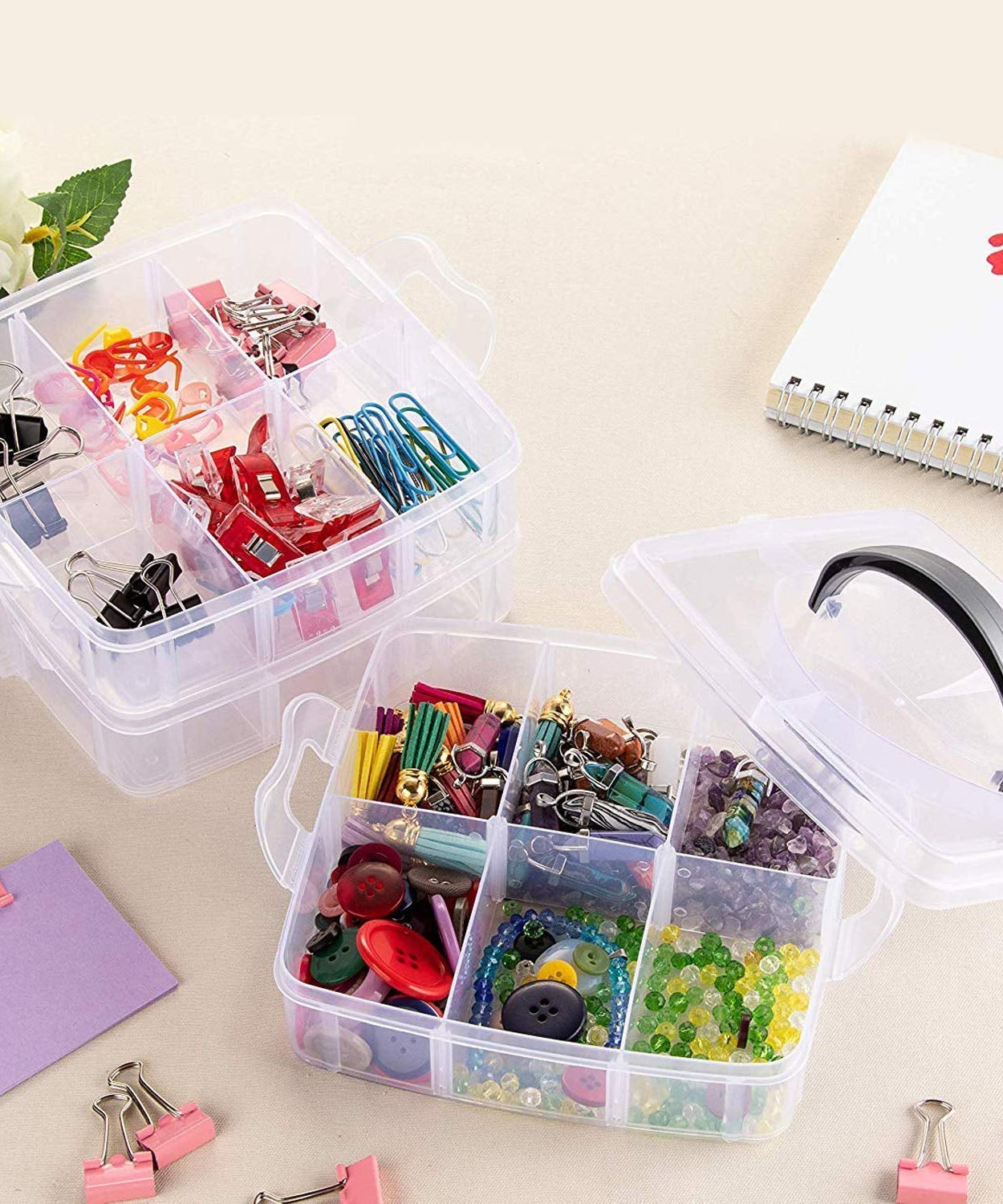 3-Tier 18 Sections Transparent Stackable Adjustable Compartment Slot Plastic Craft Storage Box