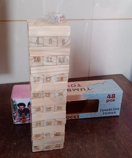 Wooden Tumbling Stacking Tower Game, Zenga tower (48 Pcs Blocks 2 Dices)
