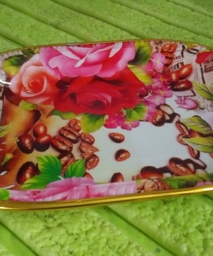 Small Plastic Flower Printed Design Serving Tray (1 Pc / 27 x 18 CM / Mix Color)