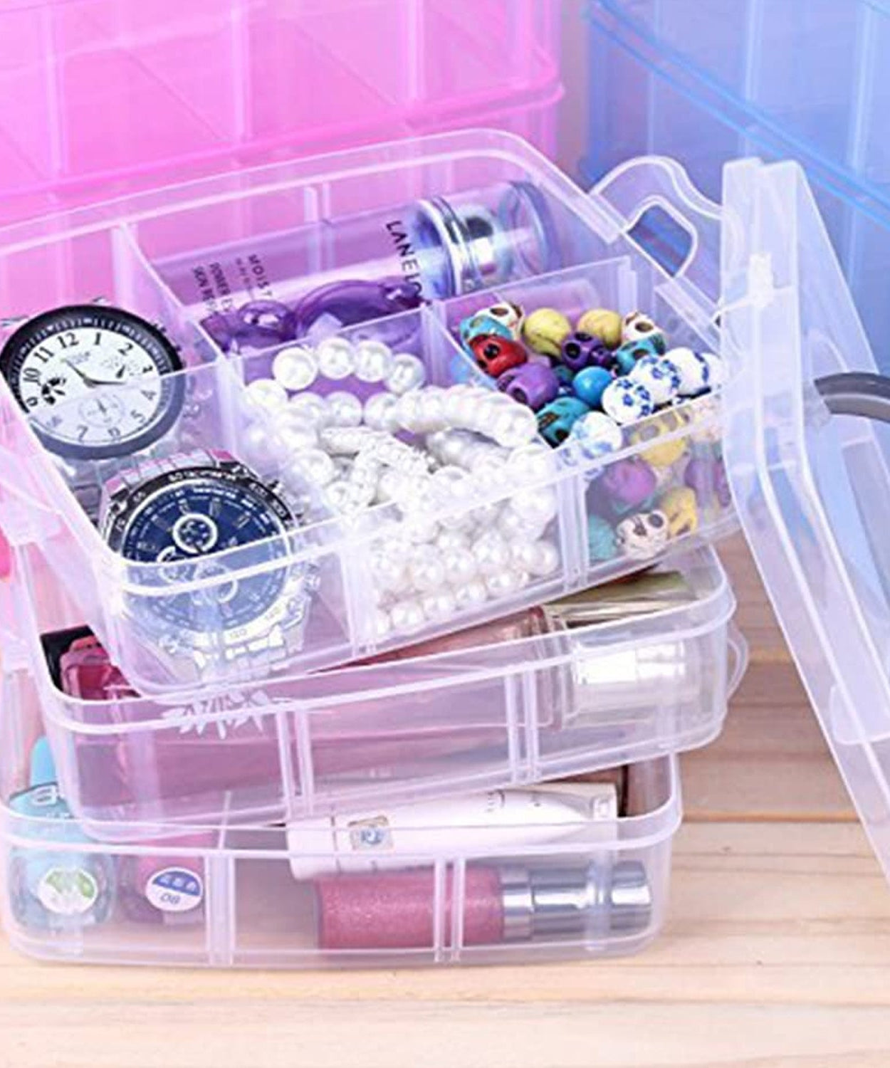 3-Tier 18 Sections Transparent Stackable Adjustable Compartment Slot Plastic Craft Storage Box