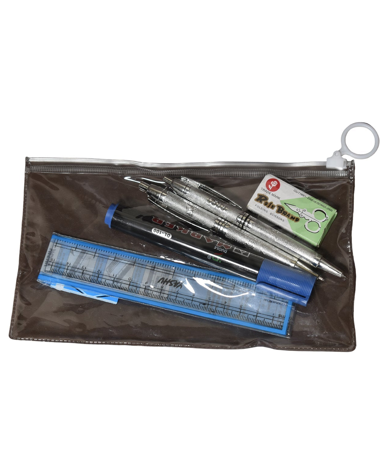 Zipper pouch set with scissors, ruler, pen, and marker