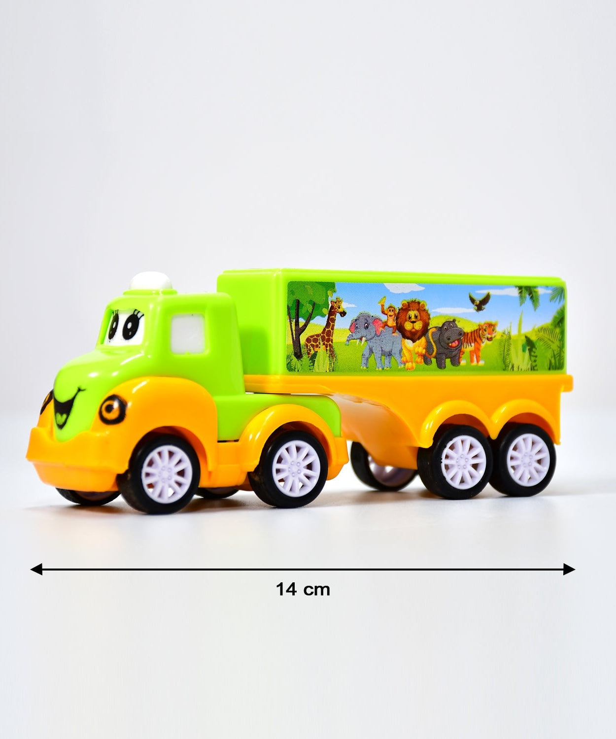 Colorful toy truck in green and yellow, small size