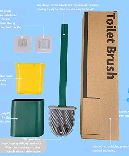 Bathroom brush with silicone bristles and storage stand.