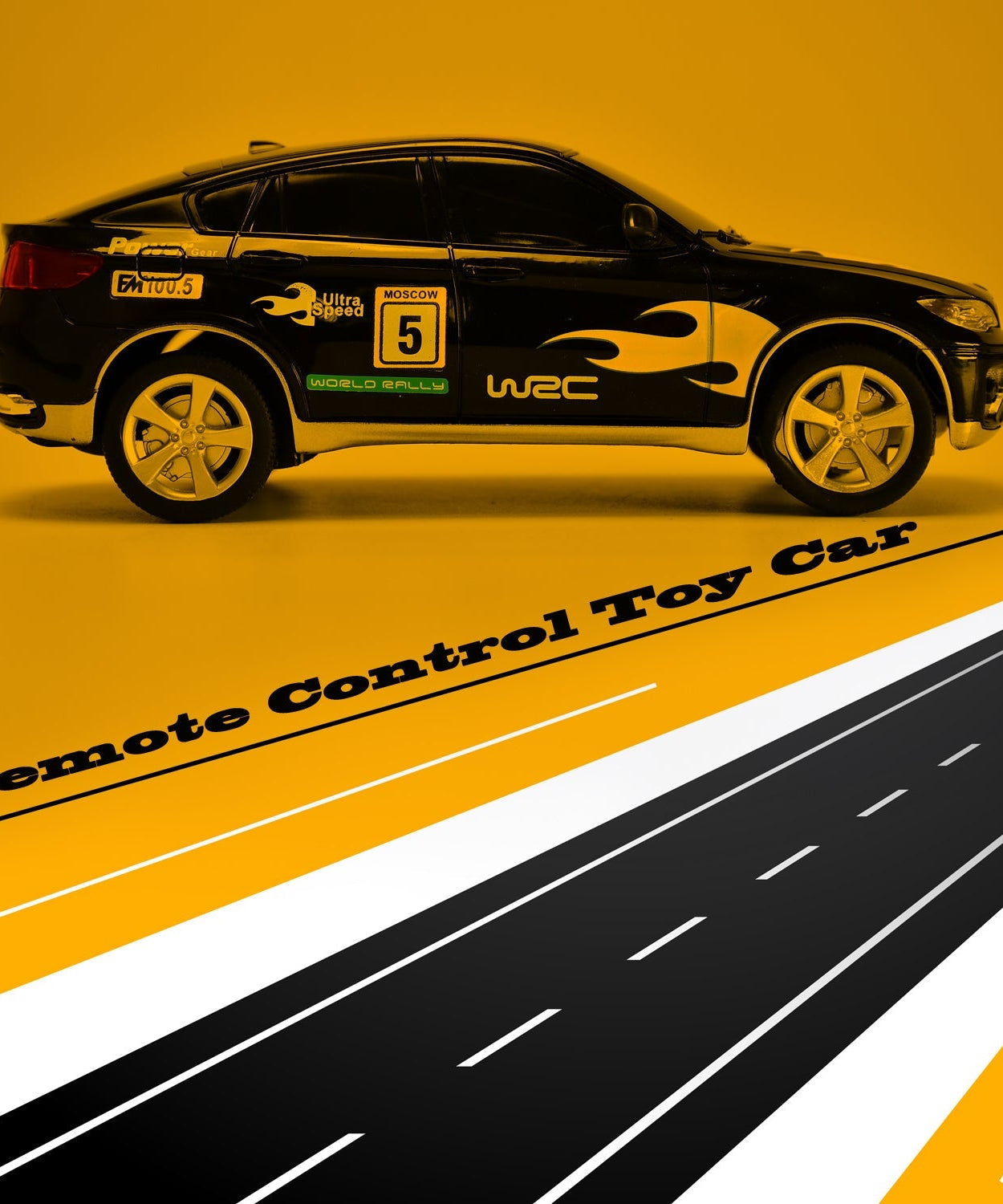 Toy car with remote control in action.