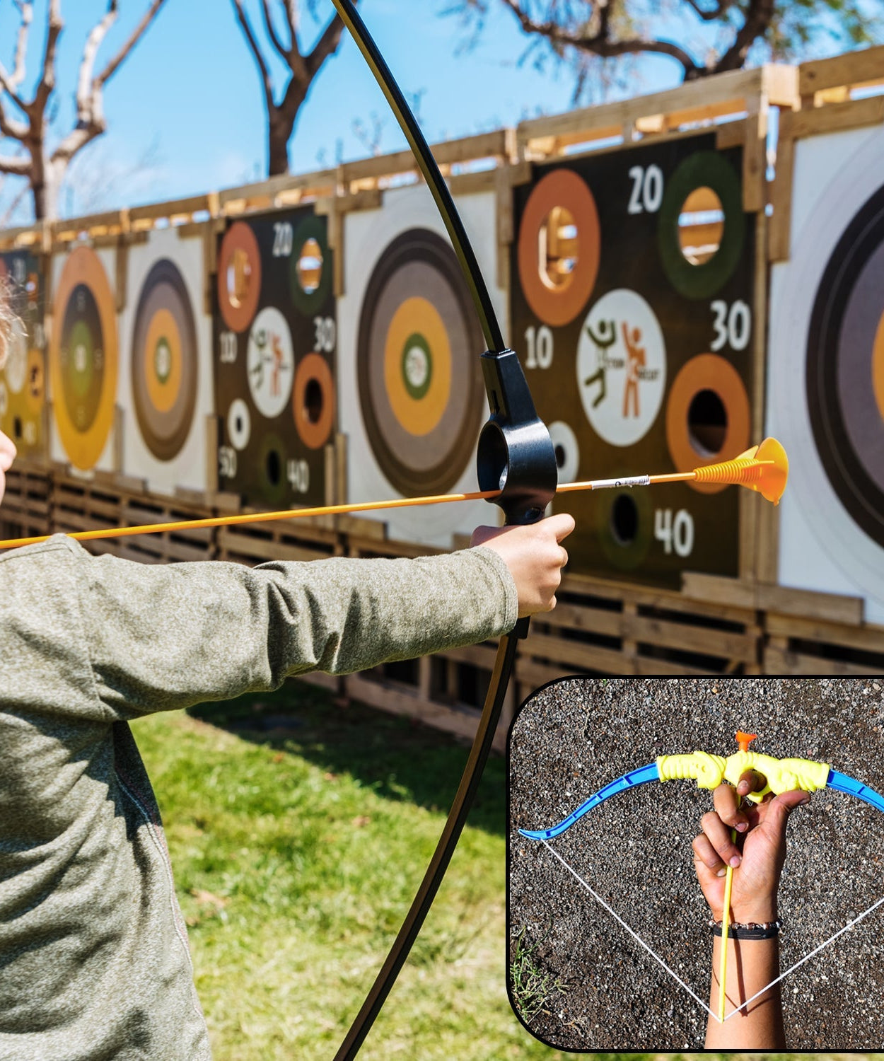 Archery set with bow, arrows, and target board