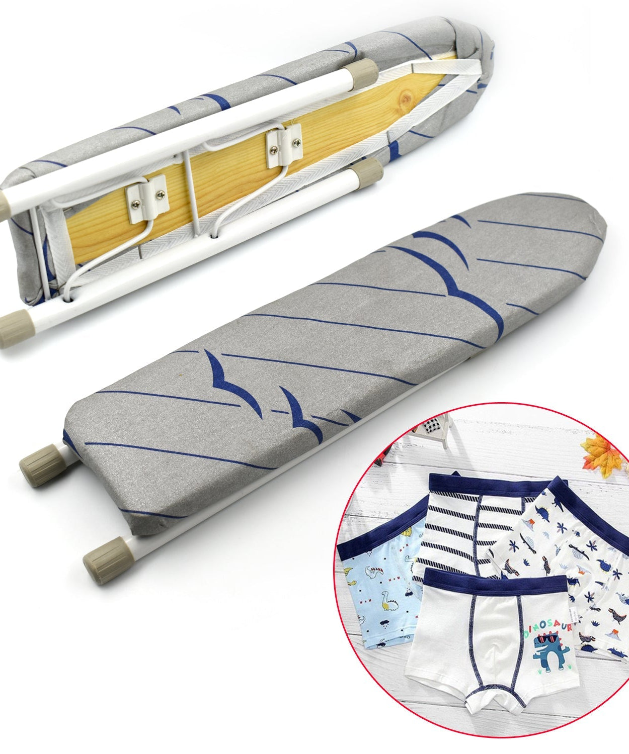 Compact small ironing pad for easy clothes ironing at home or in shops.