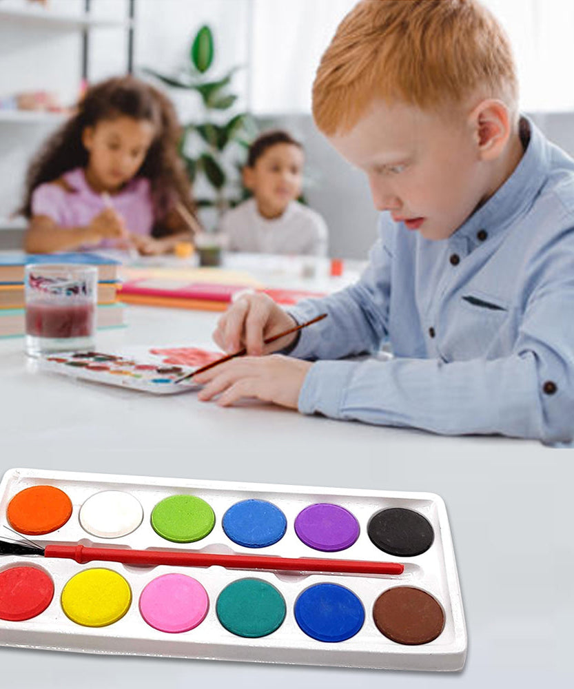 Watercolor kit with 12 paint shades and brush.