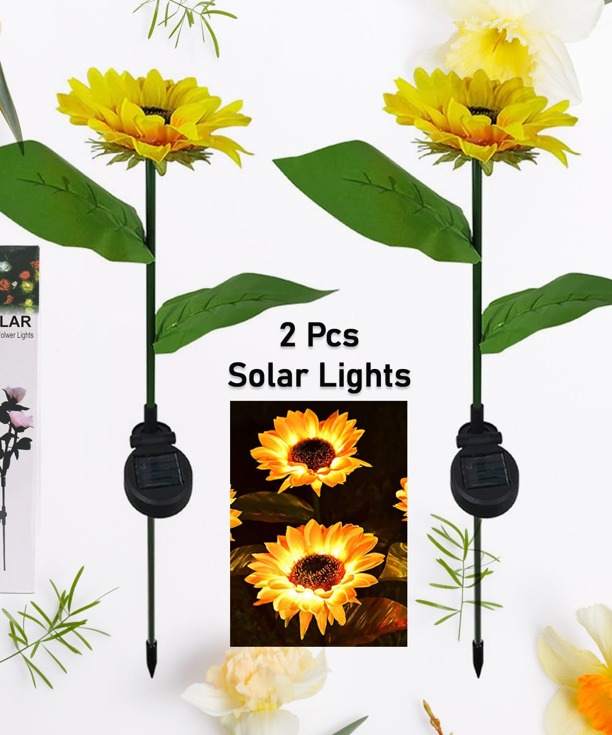 2 Pc Outdoor Solar Sunflower Lights Intelligent Light Control Waterproof Garden Landscape Stake Light