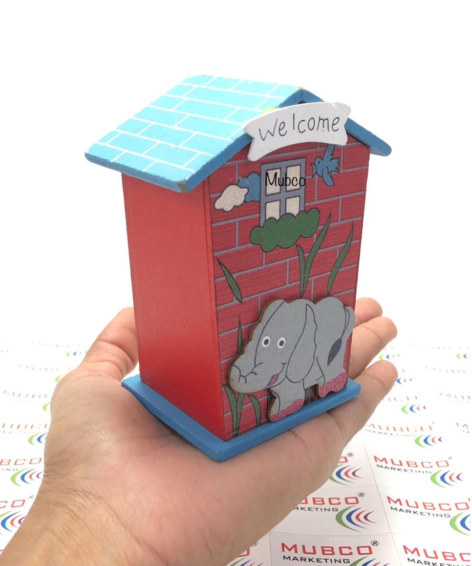 Wooden piggy bank in cartoon style