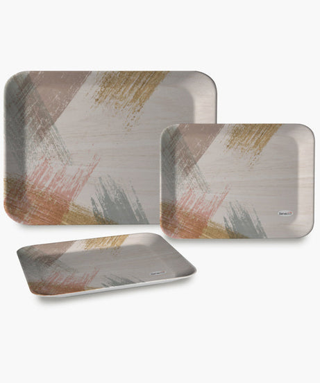 Set of three serving trays in multicolour, available in small, medium, and large sizes.