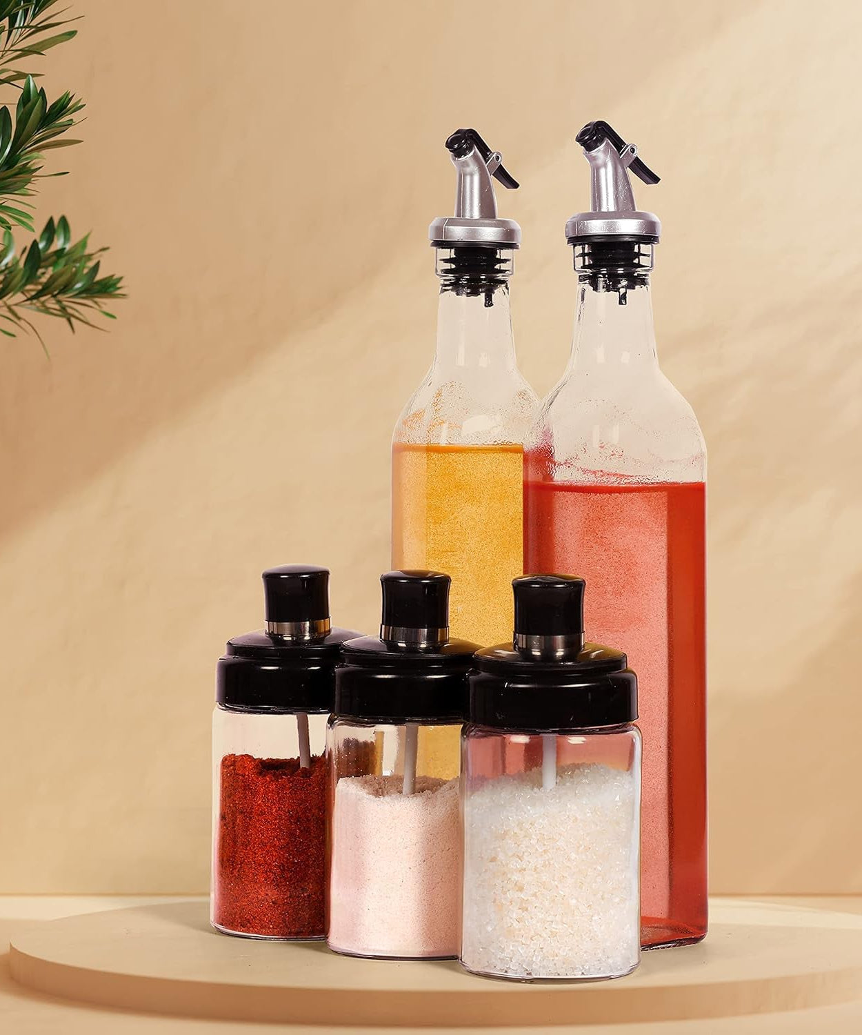 Transparent Glass Oil Dispenser 500 ML Bottle Set of 2, Spice Jar 250 ML Set of 3, Oil Bottle for Kitchen, Oil & Vinegar Storage Glass Bottle, Glass Container for Spice, Masala (5 Pcs Set)