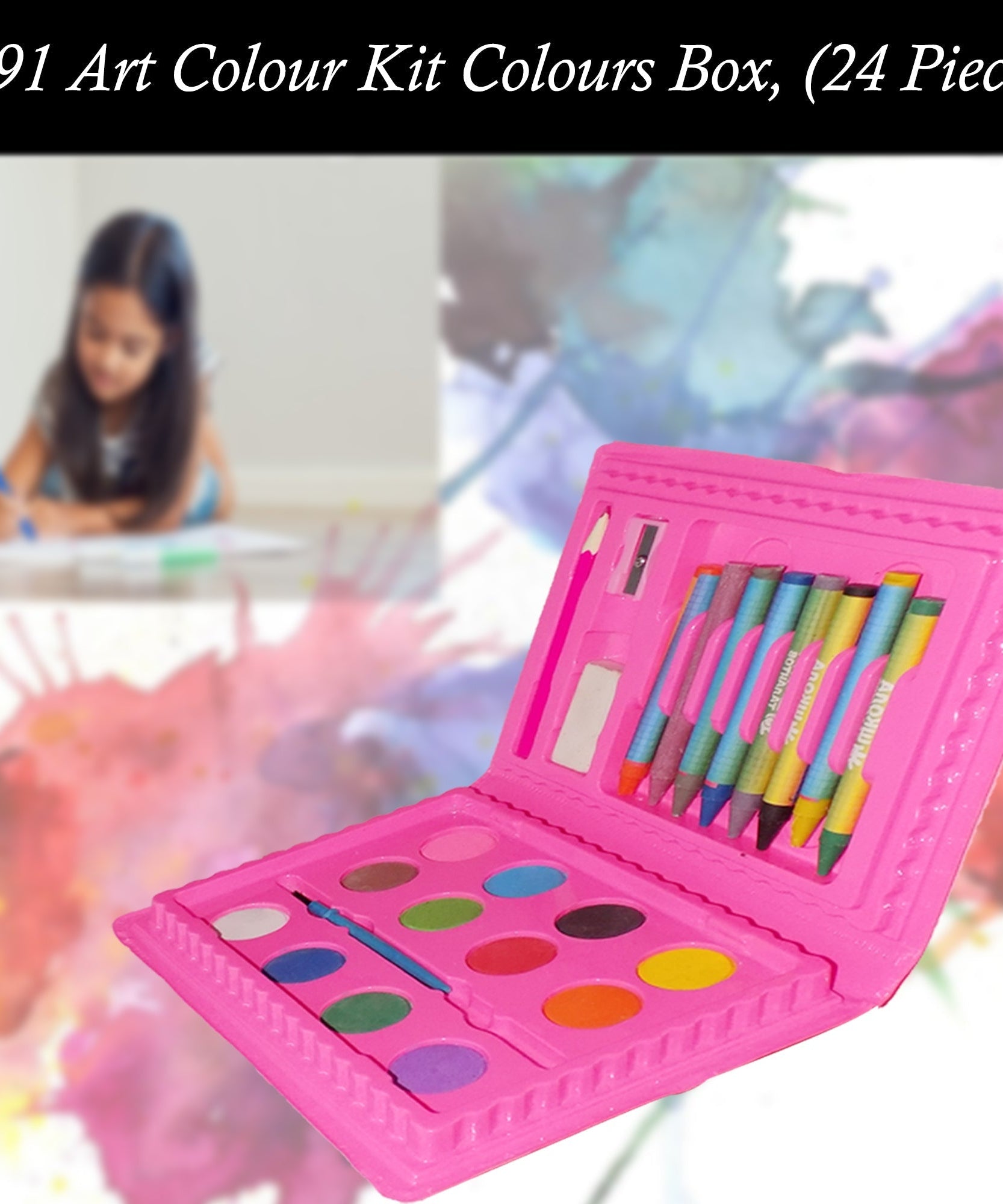 Colorful art kit with 24 pieces, including crayons and paints.