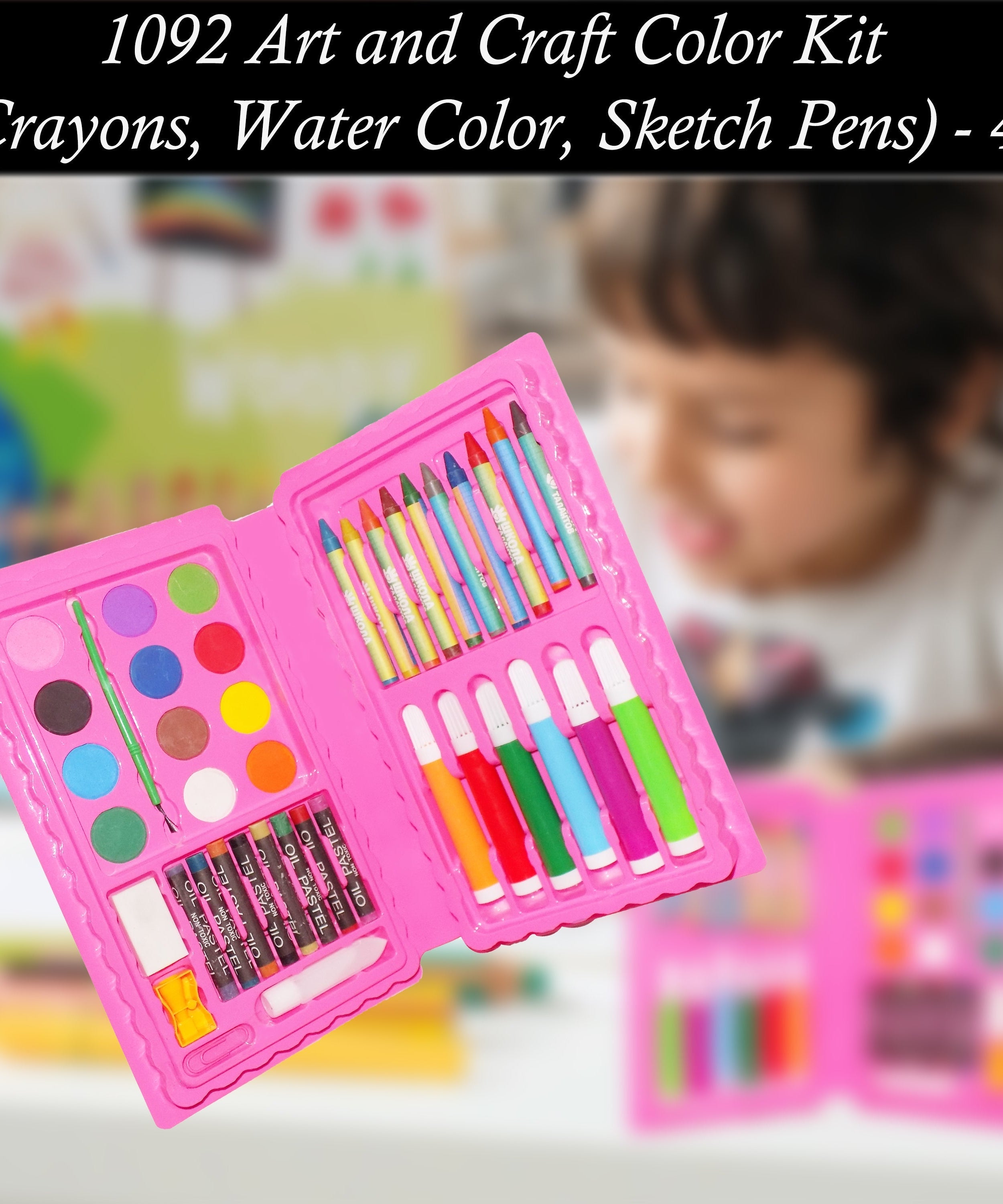 Art and craft kit with a variety of drawing and coloring tools.