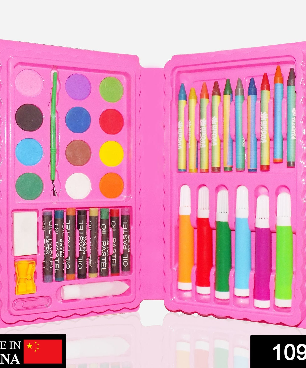 Comprehensive art set with crayons, watercolor, and pens.