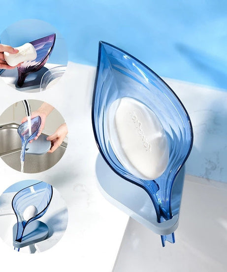 Leaf-shaped soap box with self-draining design.